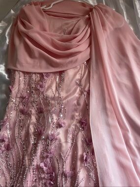 Embellished Pink Formal Chiffon Gown with Shawl